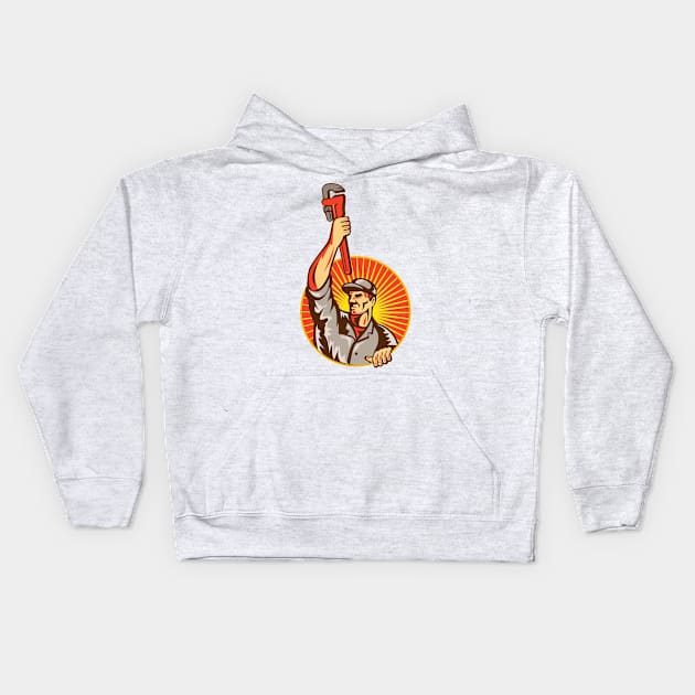 Plumber Raising Up Monkey Wrench Circle Retro Kids Hoodie by patrimonio